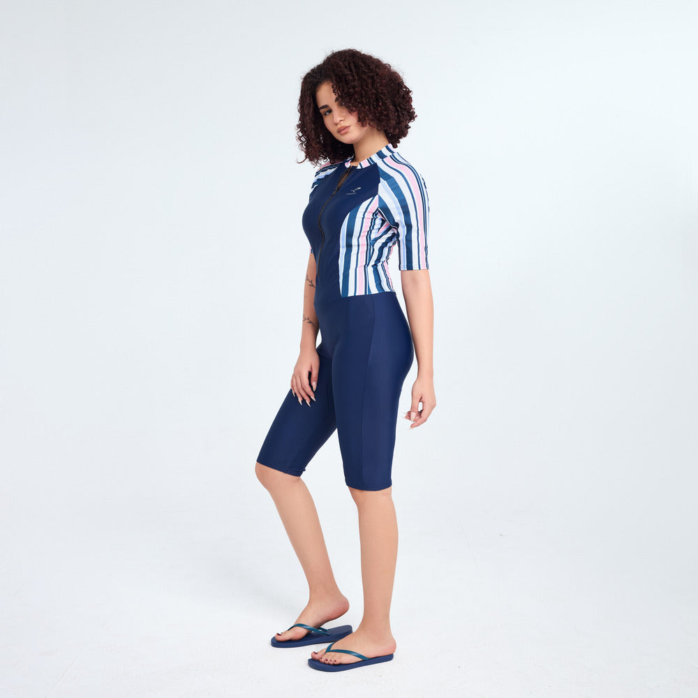 Energetics Swimming Salubit With Half Front Zipper For Women, Dark Blue & White