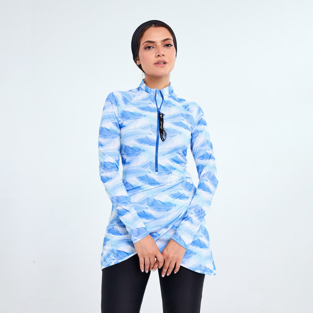 Aerobird Fadila Swimming Top with Pants For Women, Blue & Frozen White - 2 Pieces