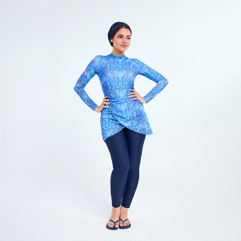 Aerobird Nabila Swimsuit Long Sleeves Top With Skirt, Purple & Blue - 2 Pieces