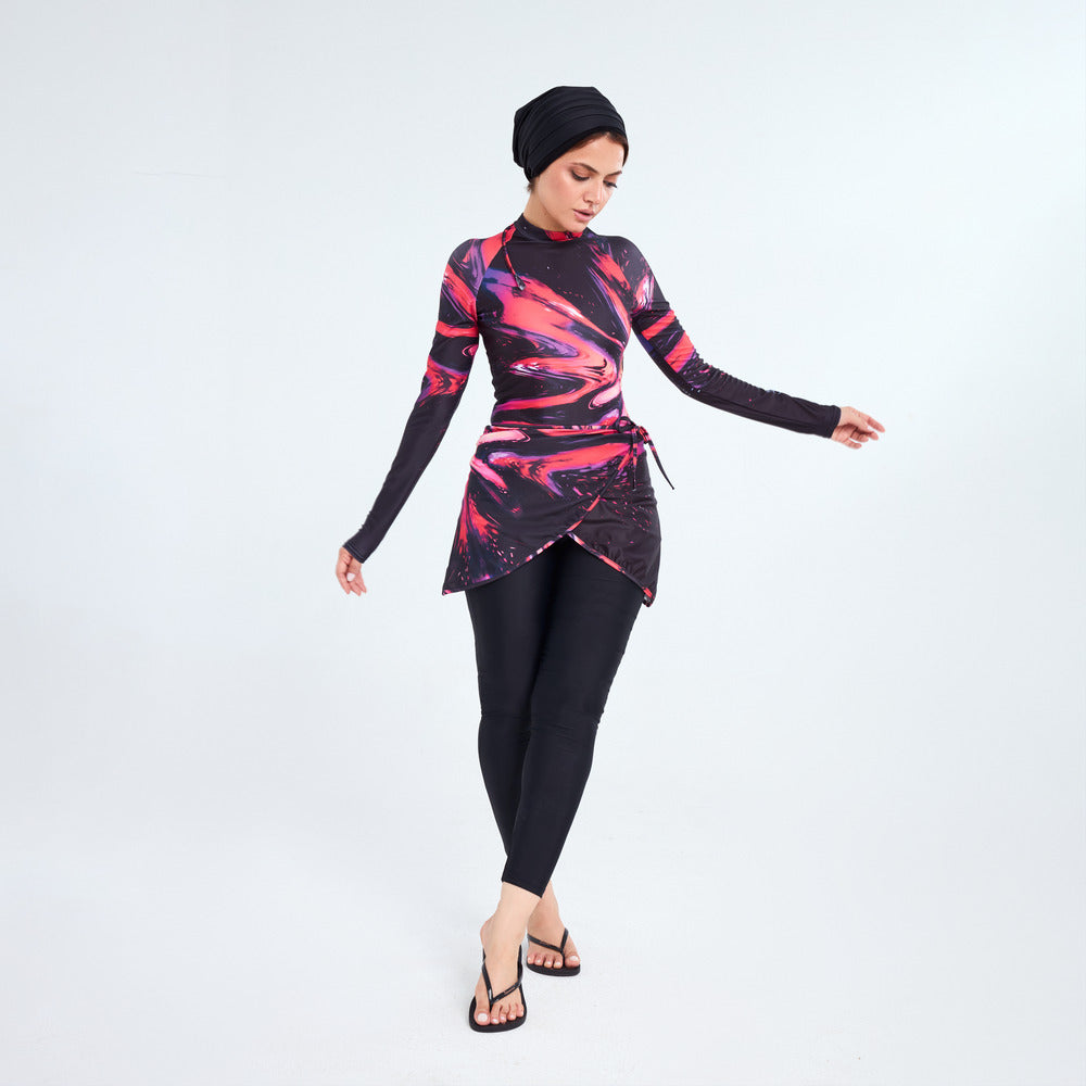 Aerobird Nabila Long-Sleeves Swimsuit with Skirt For Women, Black & Red - 2 Pieces
