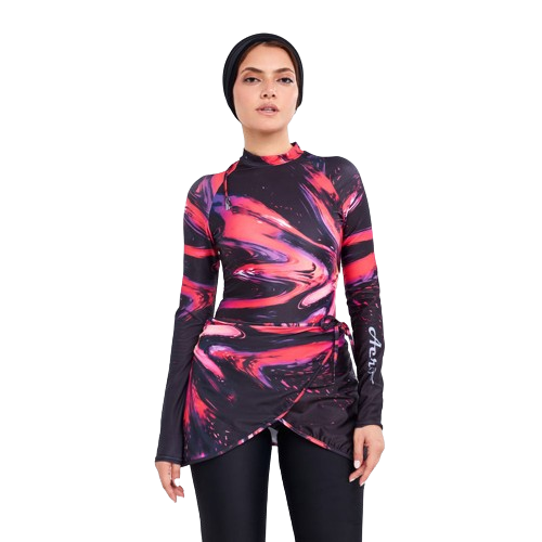 Aerobird Nabila Long-Sleeves Swimsuit with Skirt For Women, Black & Red - 2 Pieces