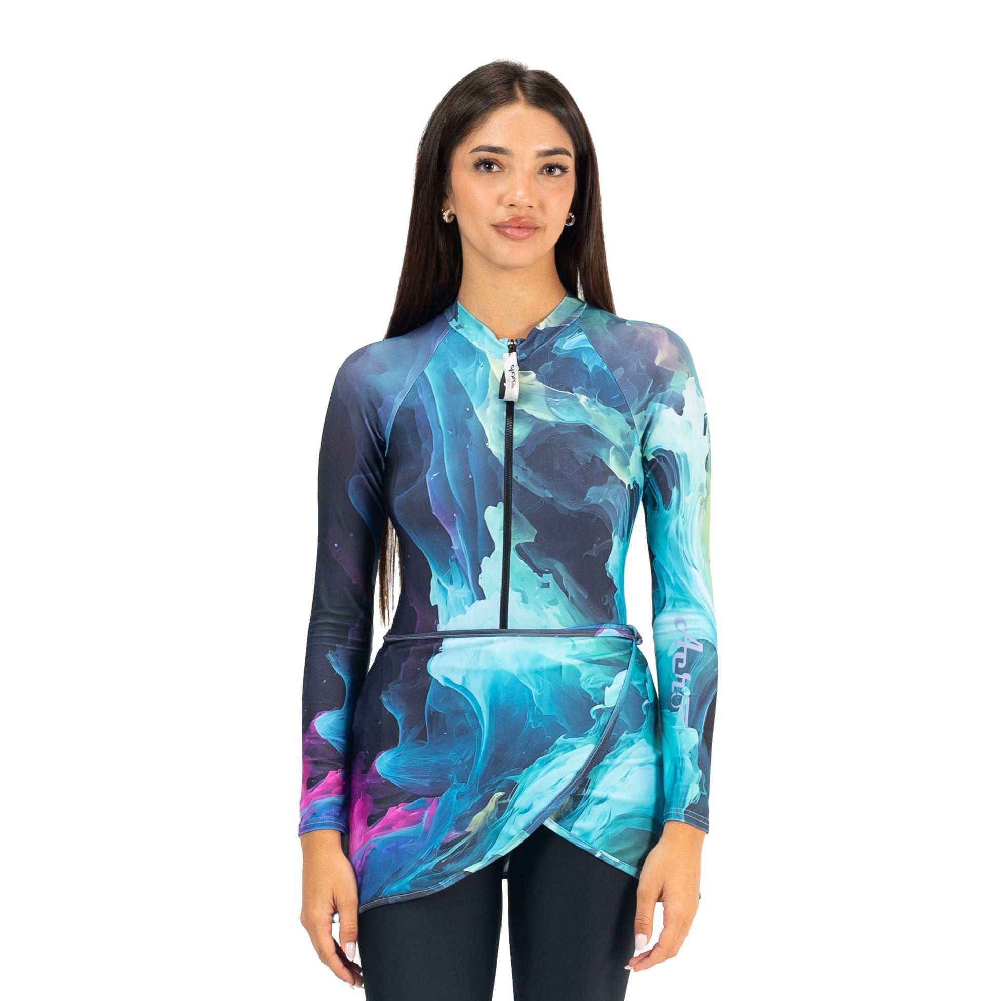 AEROBIRD NAGIBA SWIMSUIT LONG SLEEVES TOP WITH SKIRT FOR WOMEN, GREEN&PINK